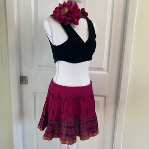 Women’s Magenta Printed Tiered Mini Skirt and Black Wrap Top
